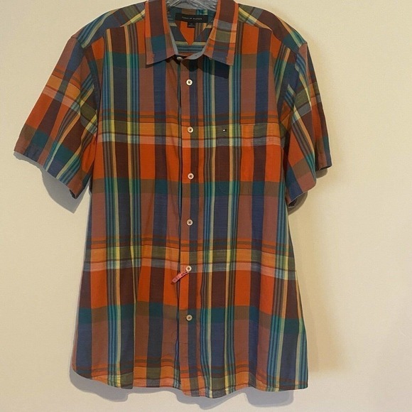 TOMMY Hilfiger Button Up Shirt Short Sleeve Orange Blue Plaid Checks Large - Picture 1 of 9